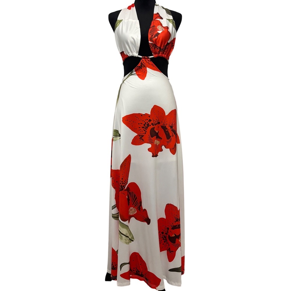 ChicMe Maxi Dress Womens Small White Red Floral Orchid Cut-Out Halter